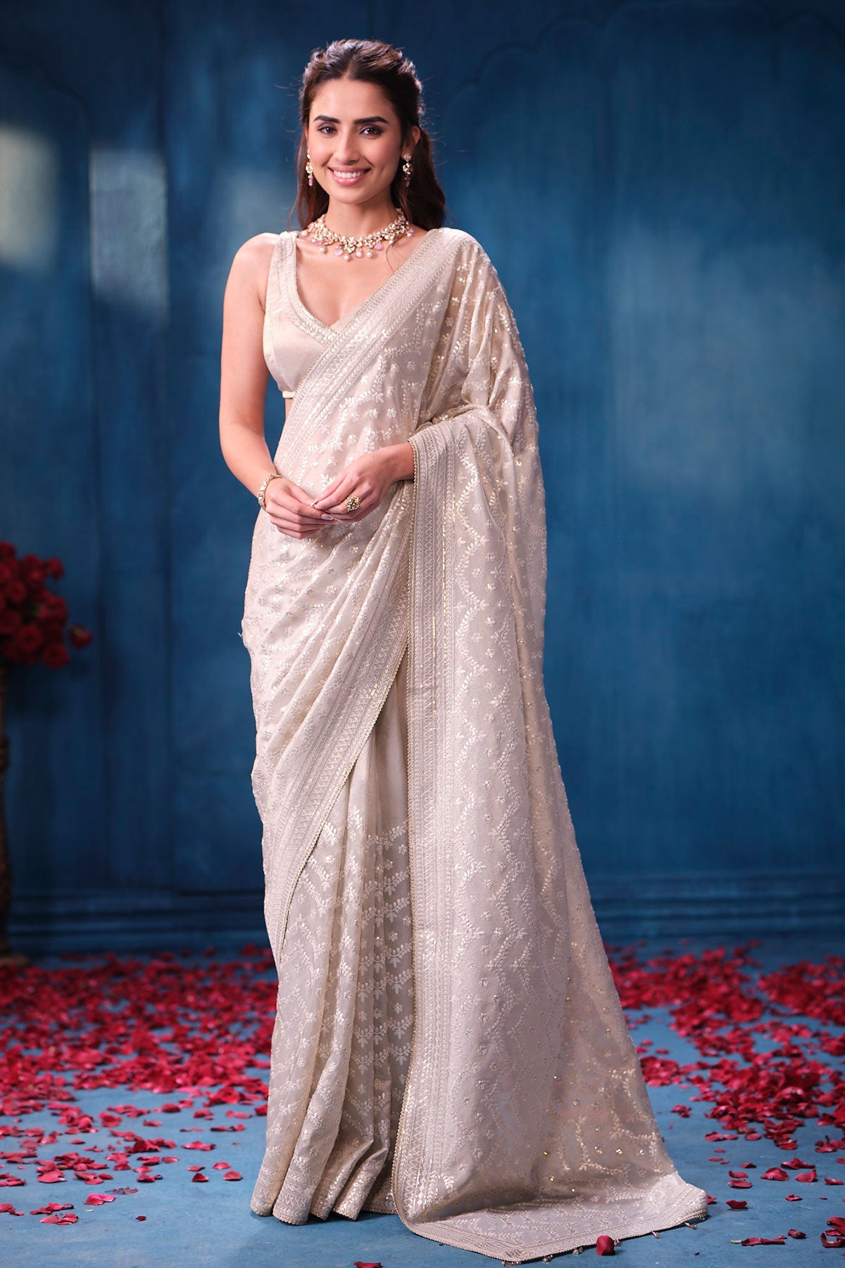 Elegant Silver Tissue Saree with Intricate Embroidery Work