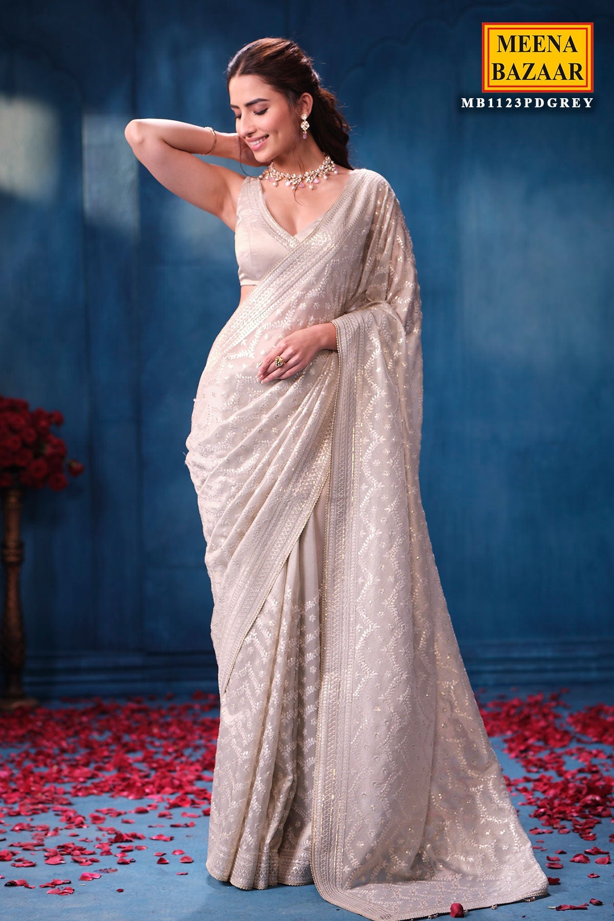 Elegant Silver Tissue Saree with Intricate Embroidery Work