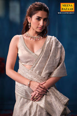 Elegant Silver Tissue Saree with Intricate Embroidery Work