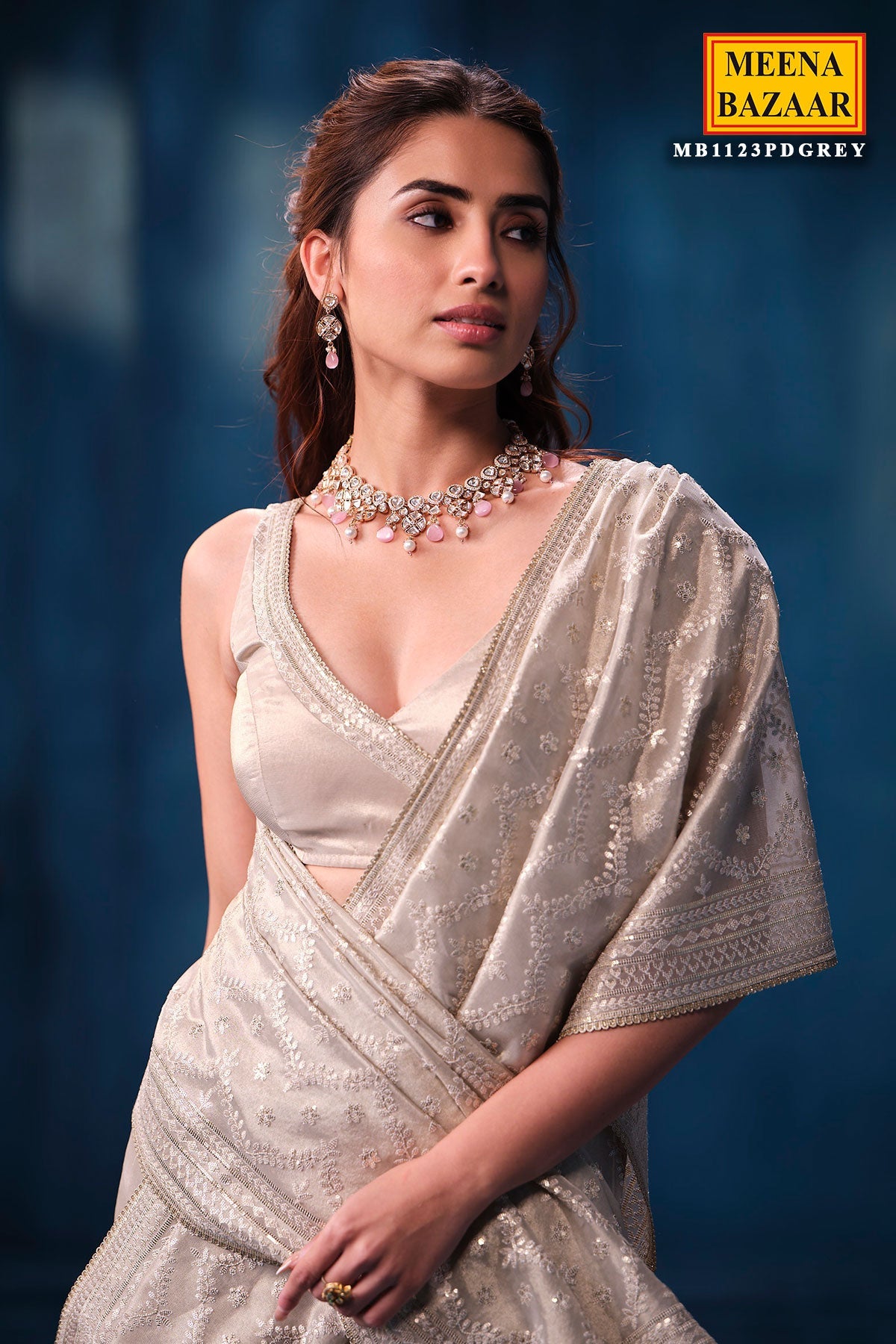 Elegant Silver Tissue Saree with Intricate Embroidery Work