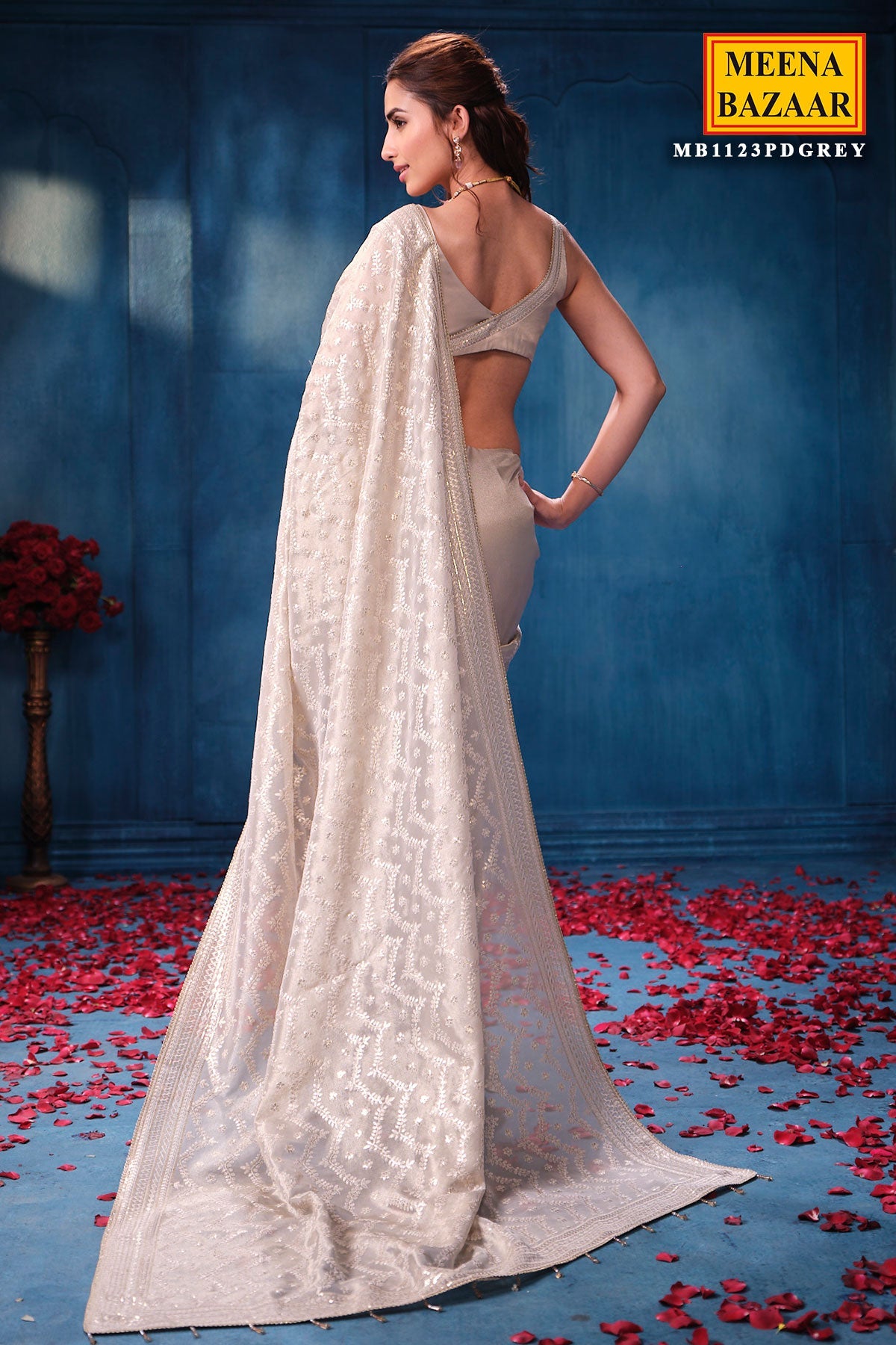 Elegant Silver Tissue Saree with Intricate Embroidery Work