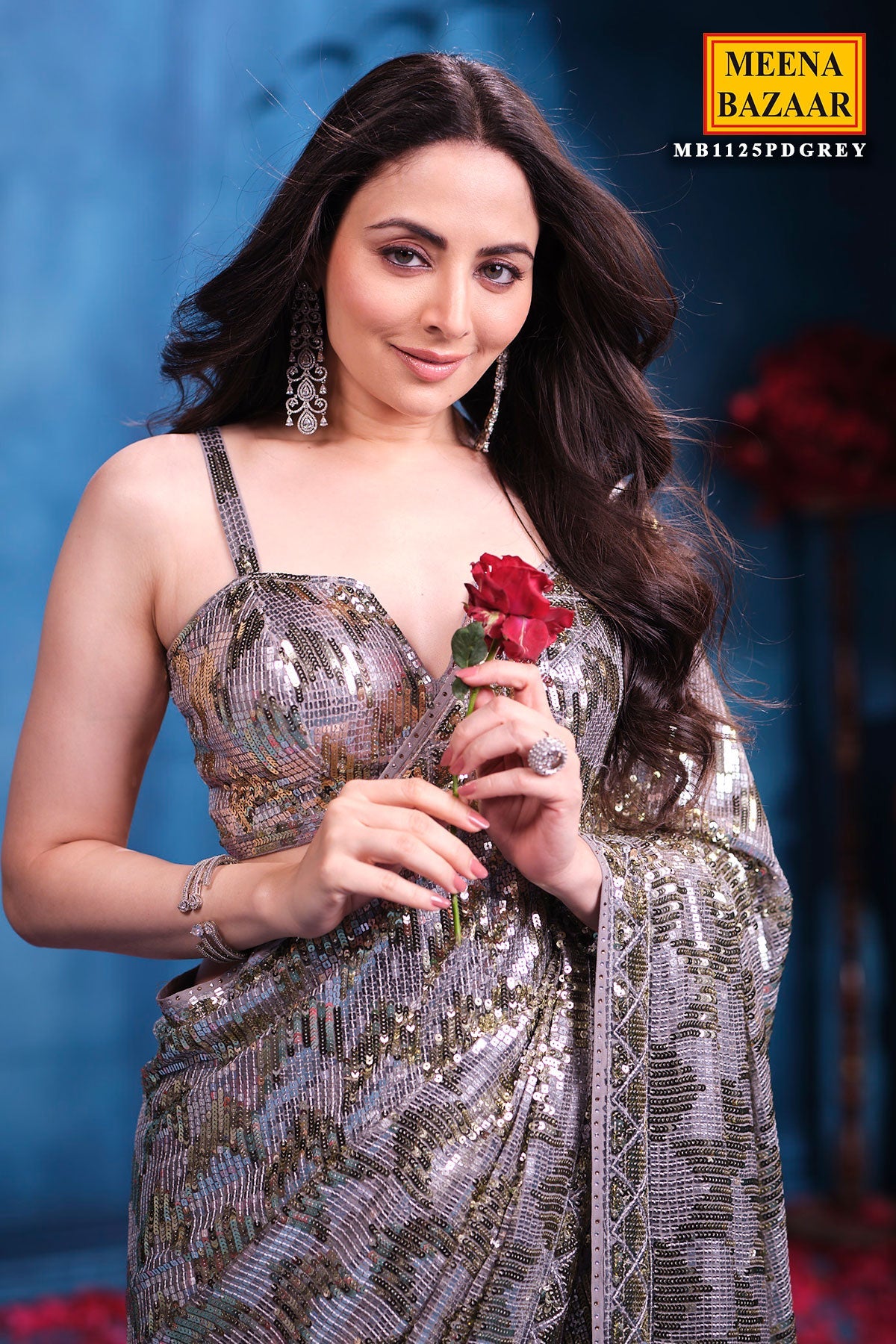Grey Georgette Sequins Designer Saree Party & Wedding Wear