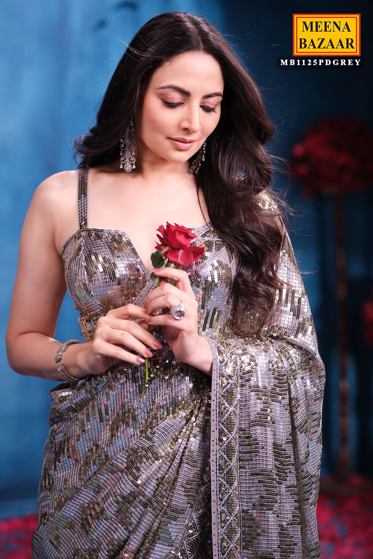 Grey Georgette Sequins Designer Saree Party & Wedding Wear
