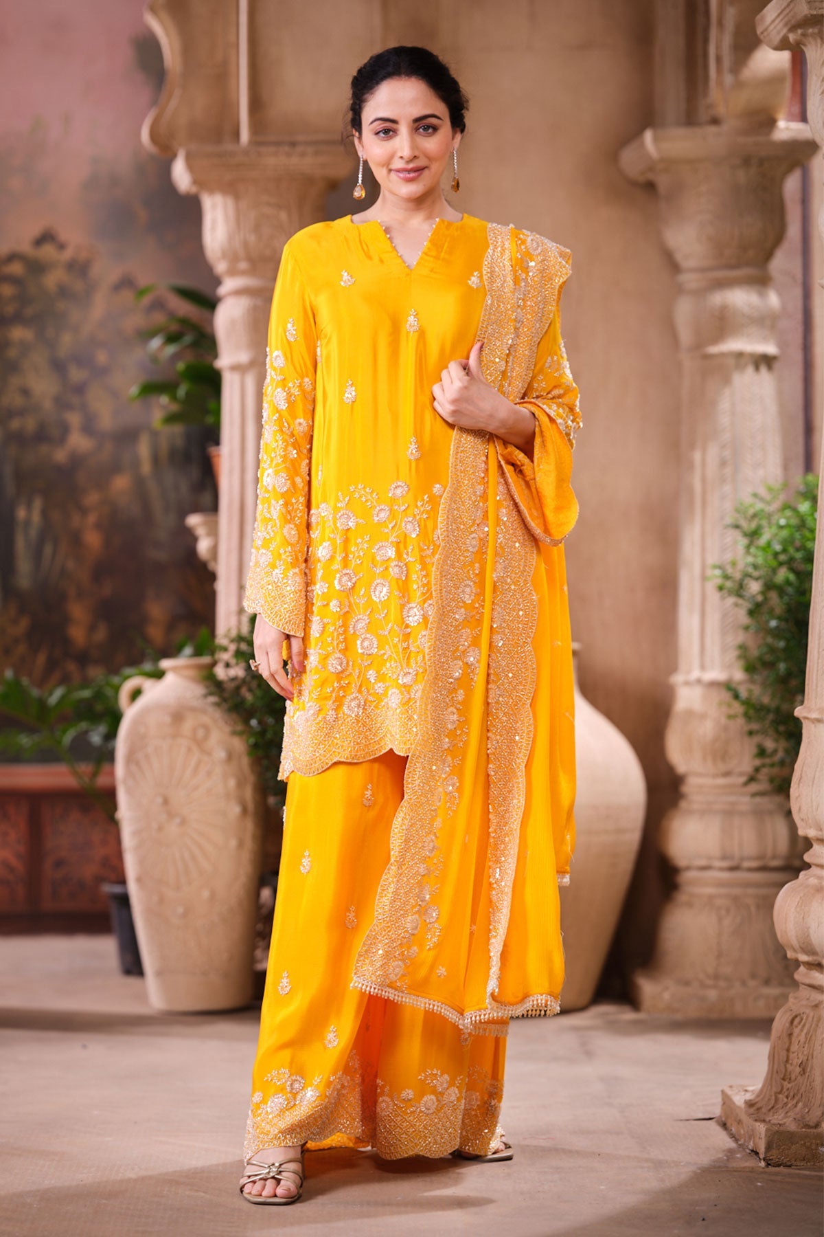 Mustard Crepe Suit Set with Chiffon Dupatta