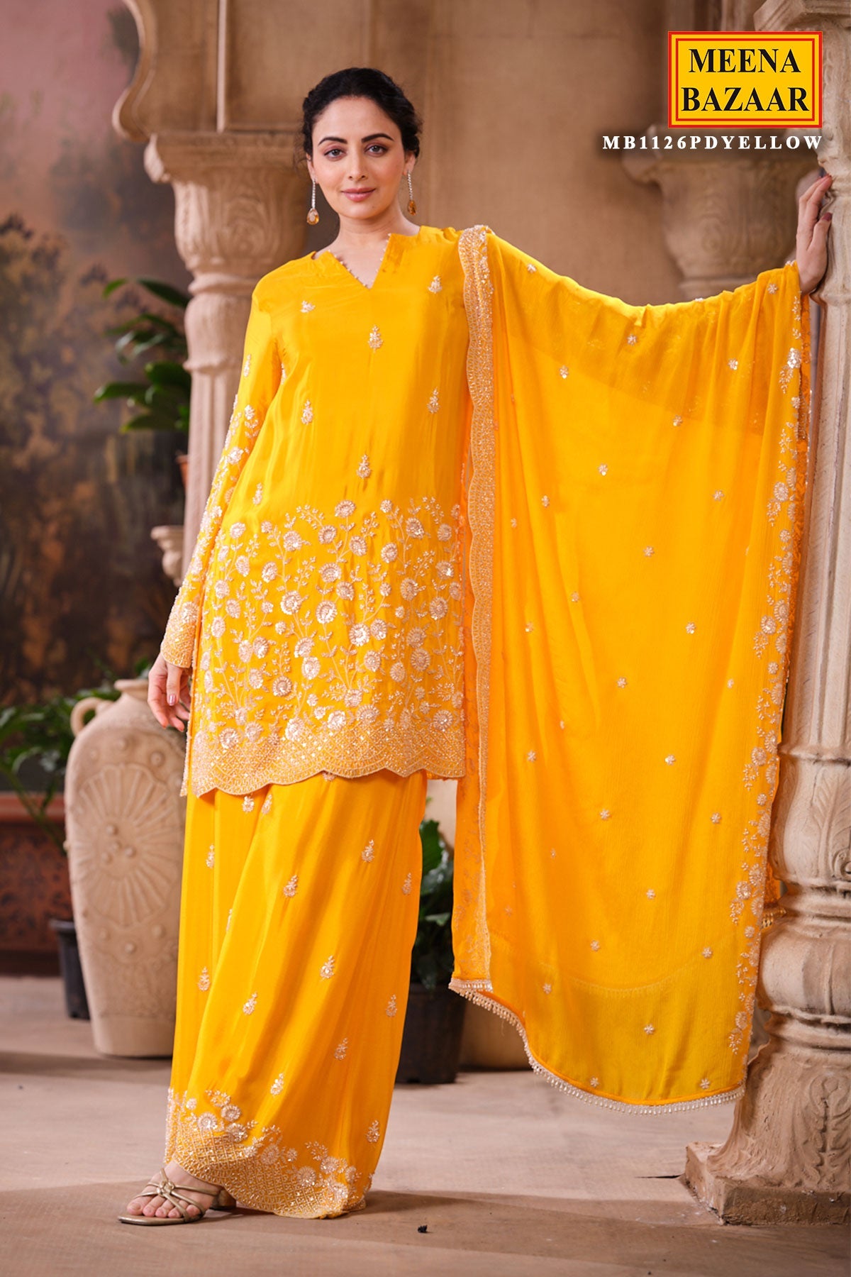 Mustard Crepe Suit Set with Chiffon Dupatta