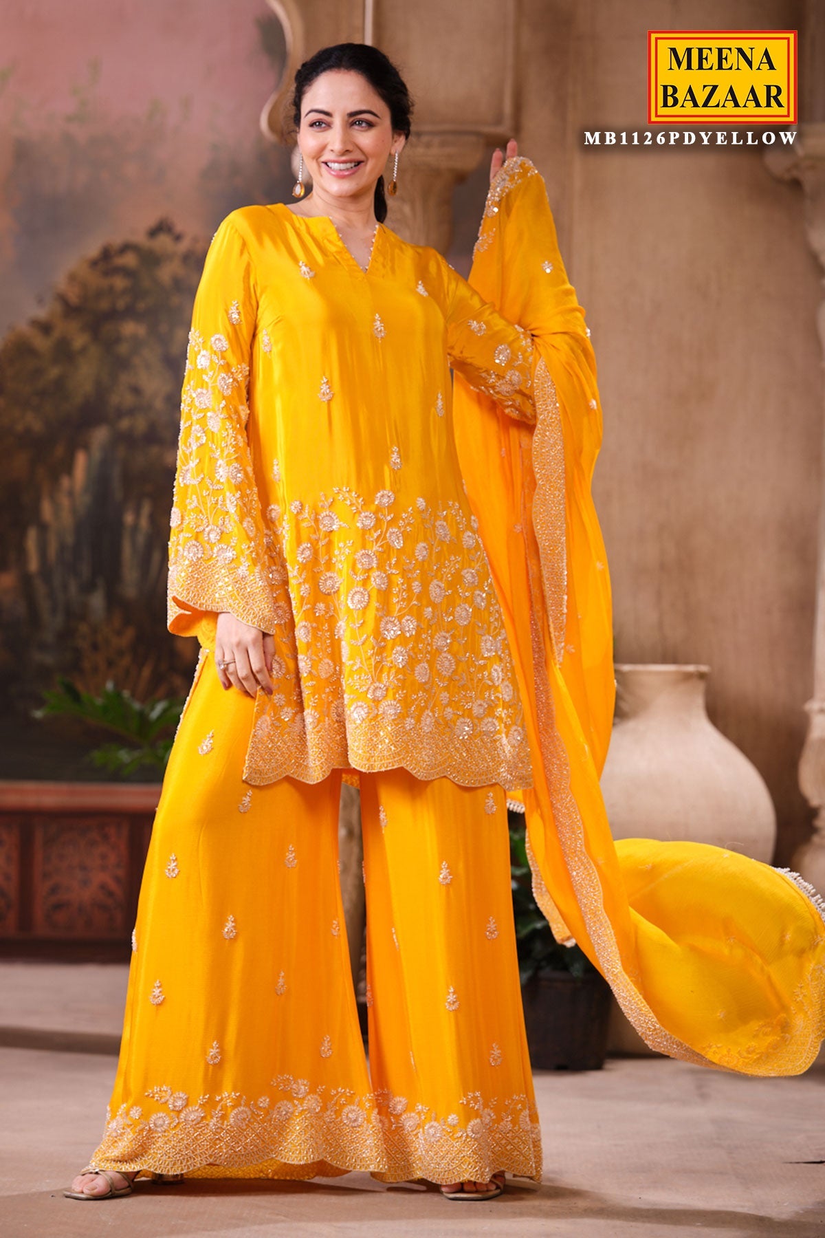 Mustard Crepe Suit Set with Chiffon Dupatta