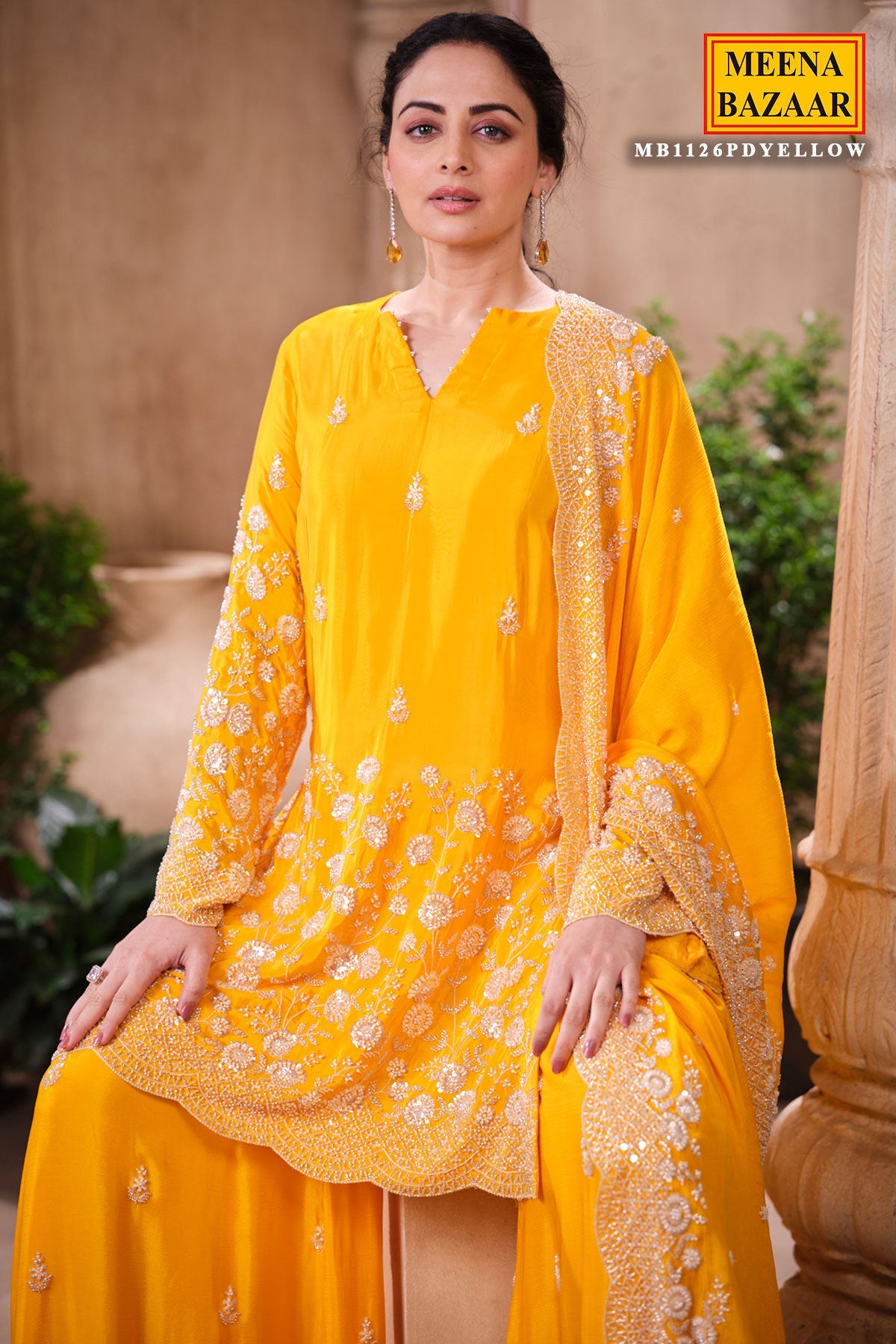 Mustard Crepe Suit Set with Chiffon Dupatta