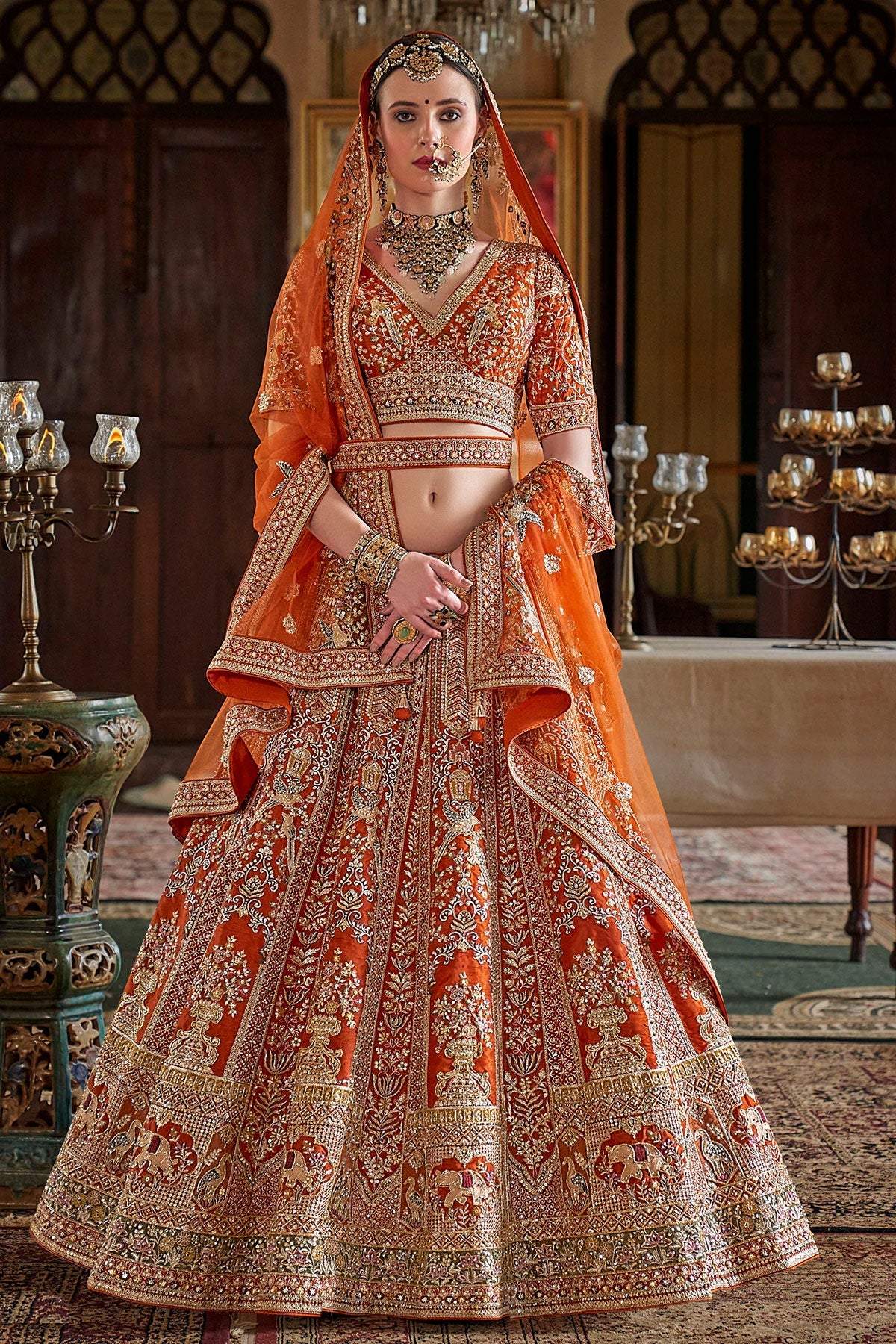 Rust Silk Zari and Sequin Embroidered Bridal Lehenga – Luxurious Wedding Wear
