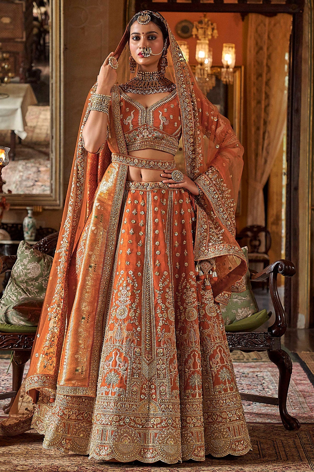 Orange Silk Zari and Sequin Embroidered Bridal Lehenga – Royal Wedding Ensemble