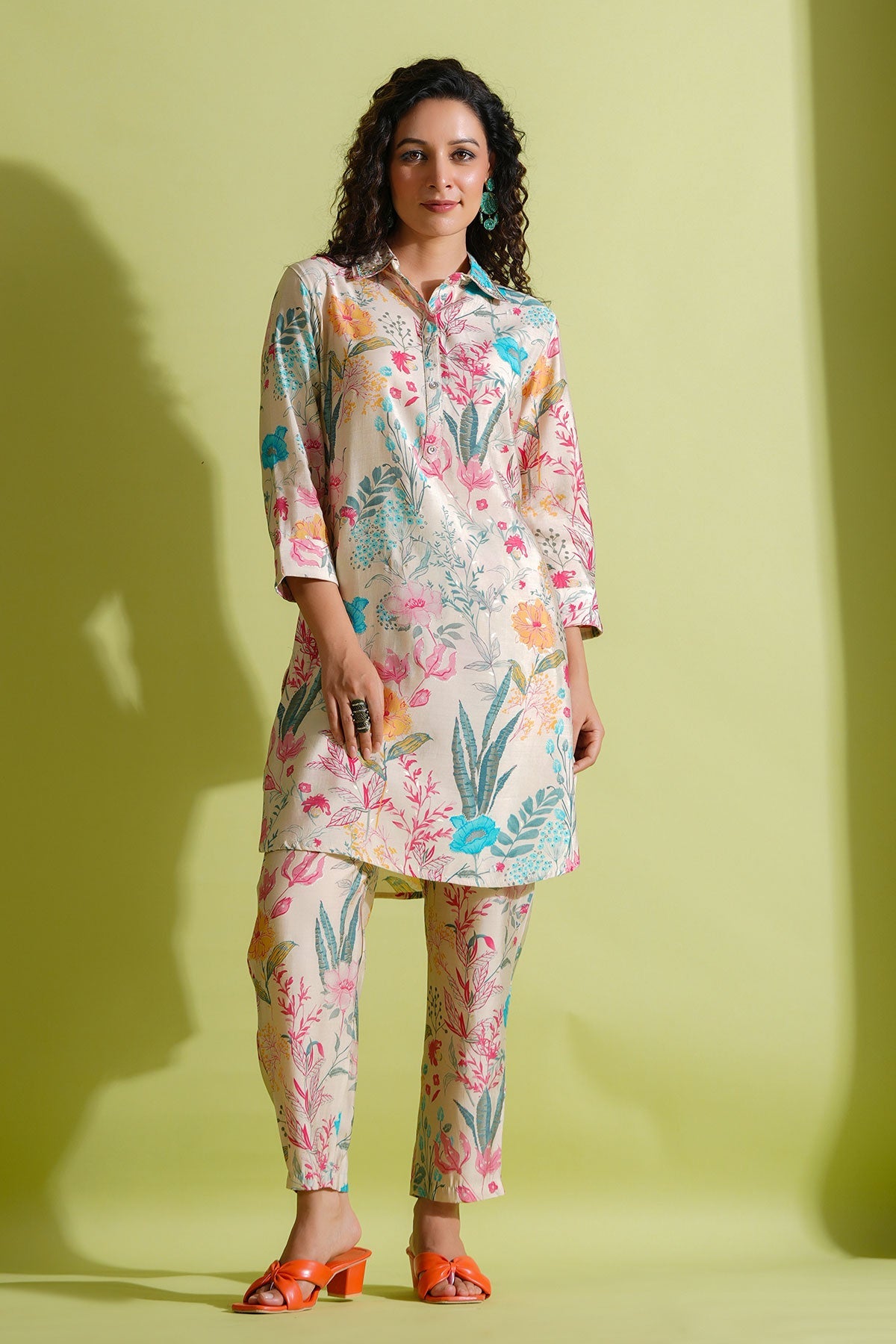 Tussar Crepe Floral Printed Sequined Collar Co-Ord Set
