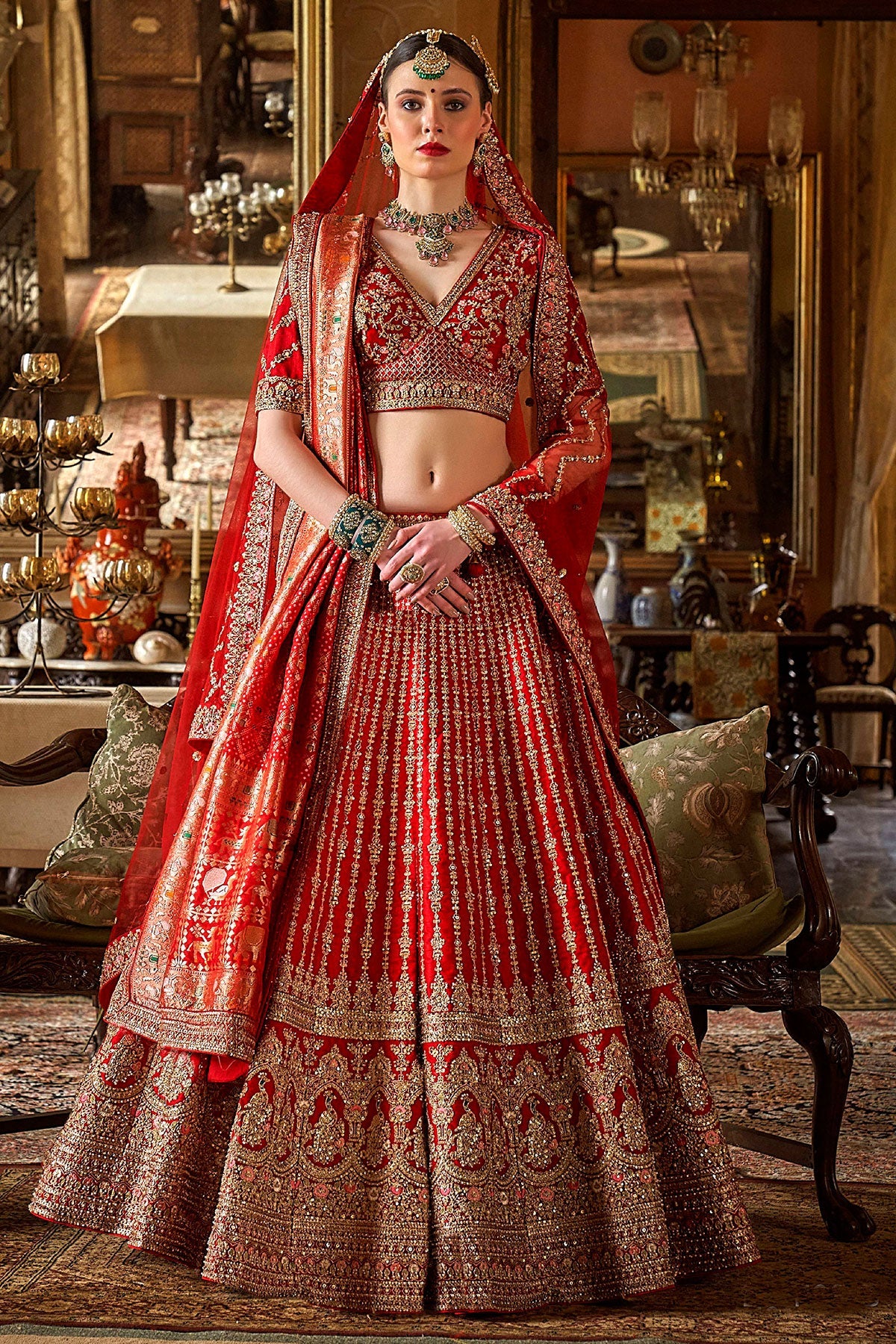 Red Silk Zari and Sequin Embroidered Lehenga – Luxurious Bridal Wear