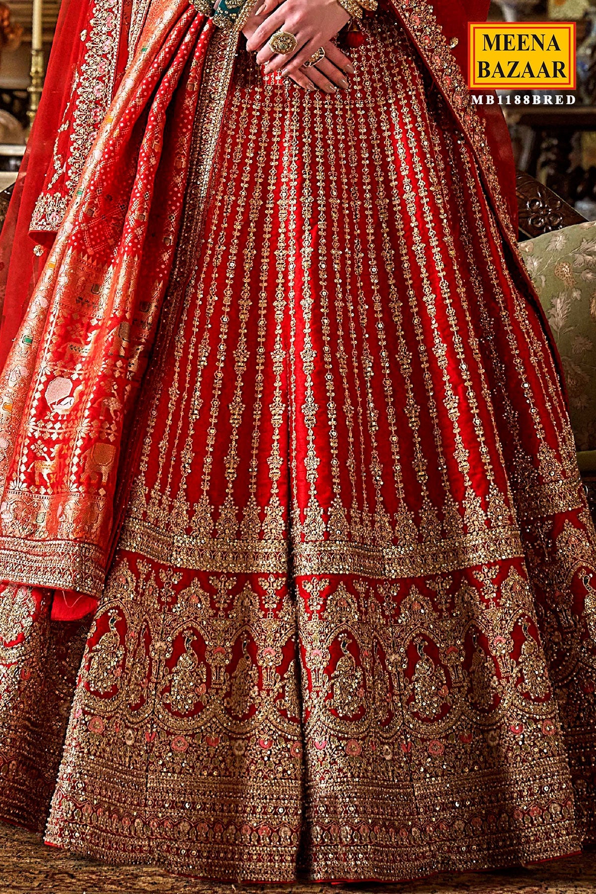 Red Silk Zari and Sequin Embroidered Lehenga – Luxurious Bridal Wear