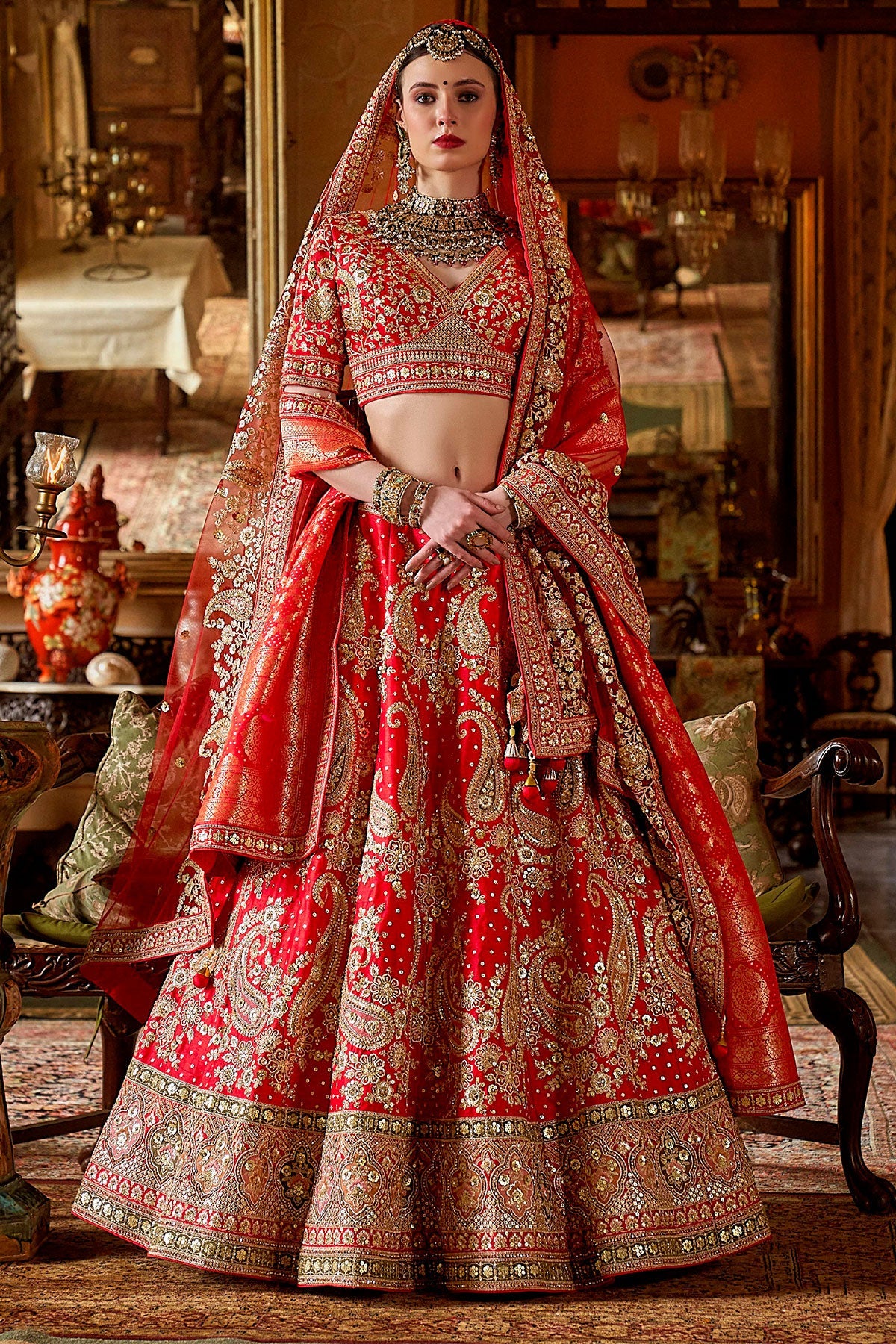 Red Silk Zari and Sequin Embroidered Lehenga – Regal Bridal & Festive Ensemble