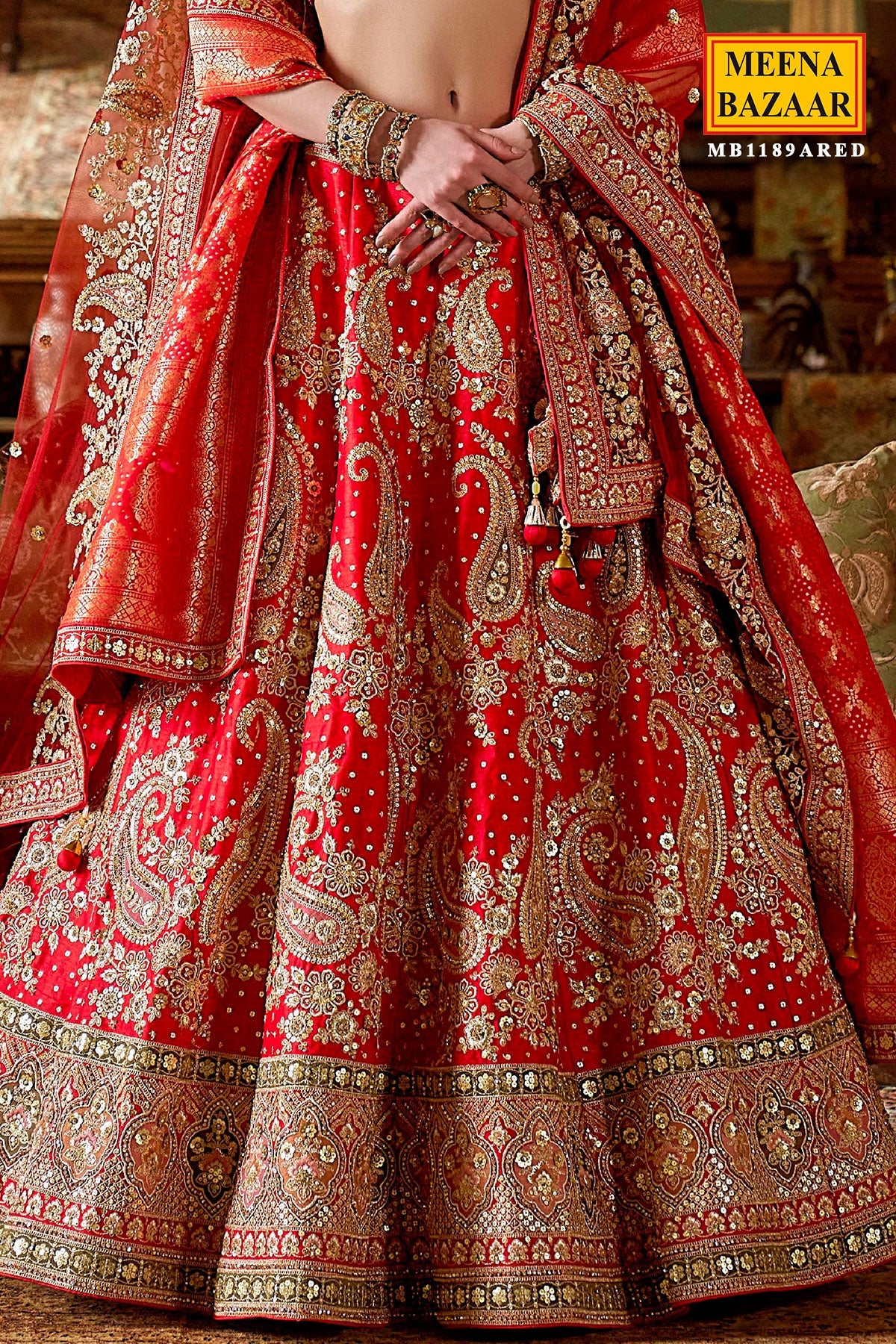 Red Silk Zari and Sequin Embroidered Lehenga – Regal Bridal & Festive Ensemble