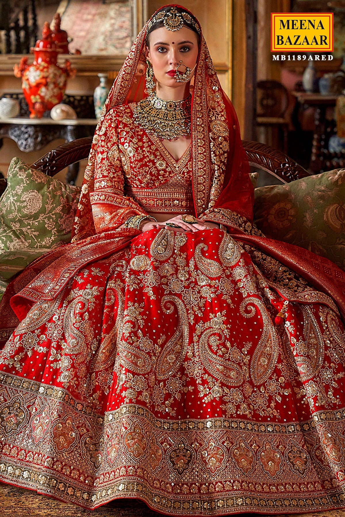Red Silk Zari and Sequin Embroidered Lehenga – Regal Bridal & Festive Ensemble
