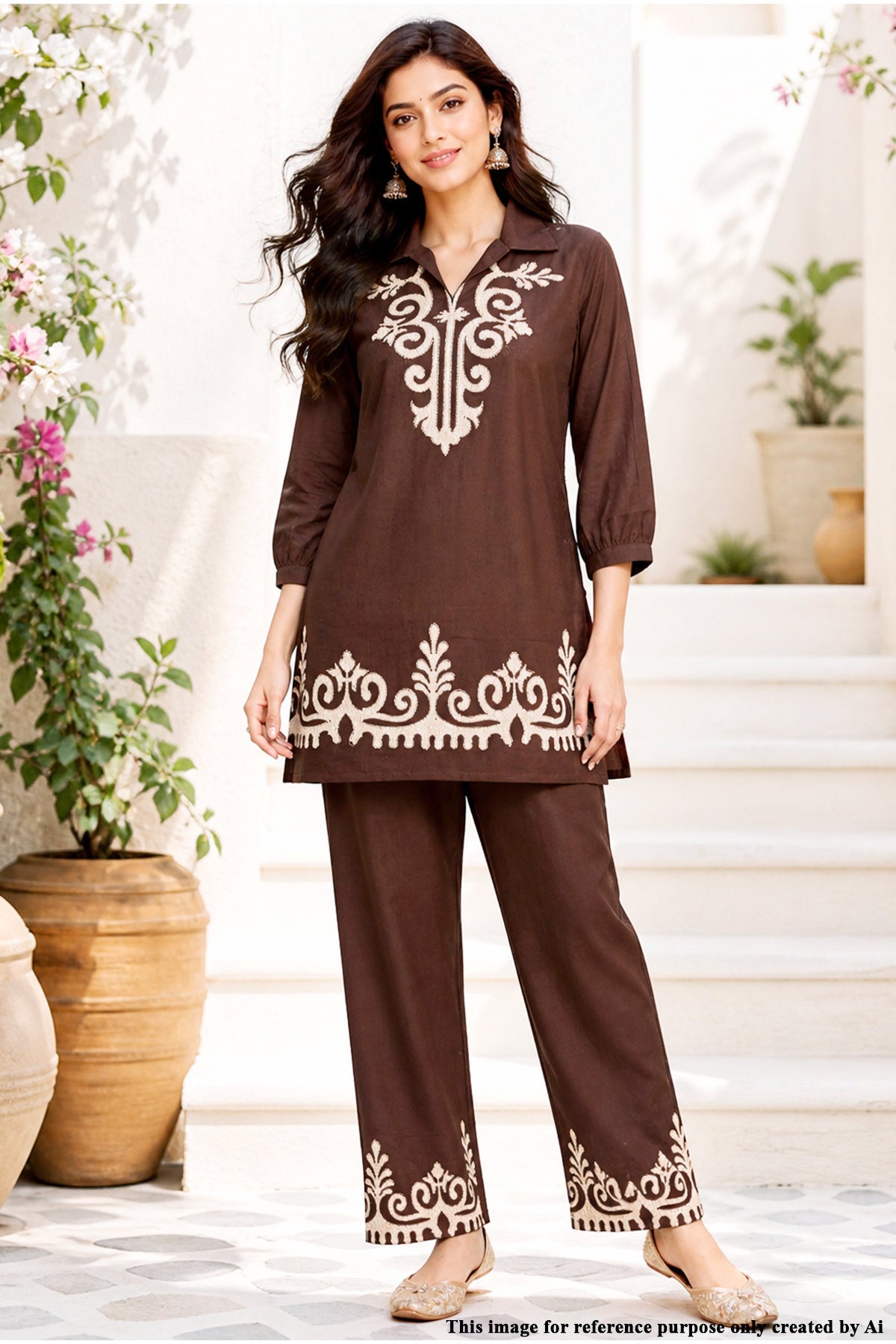 Brown Cotton Embroidered Kurti Set