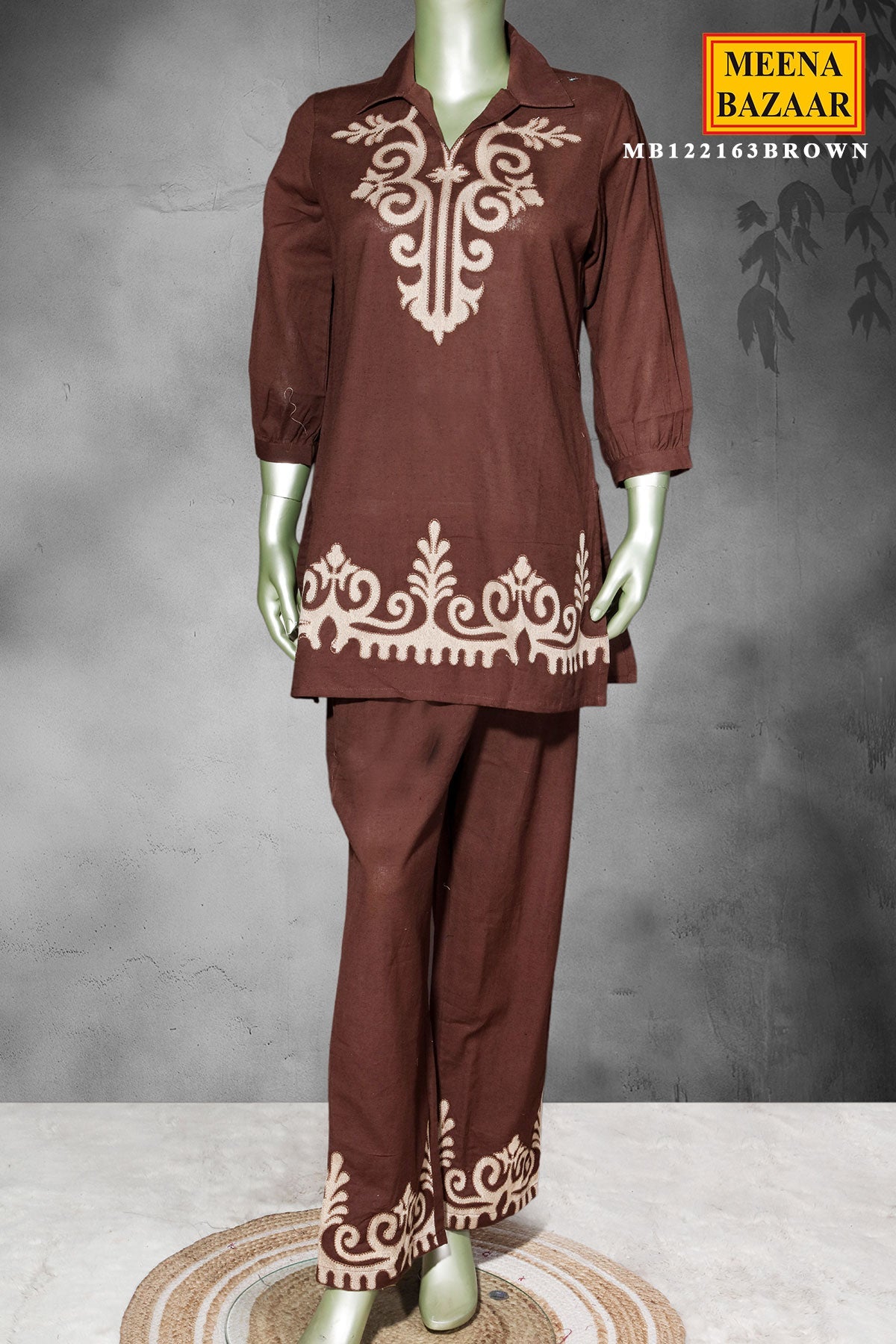 Brown Cotton Embroidered Kurti Set