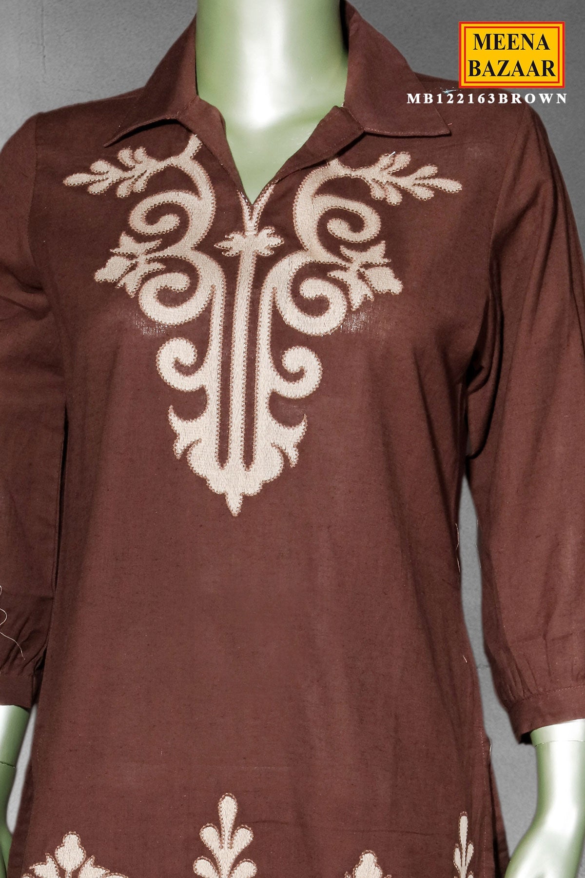 Brown Cotton Embroidered Kurti Set