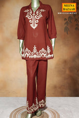 Rust Cotton Embroidered Kurti Set