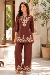 Rust Cotton Embroidered Kurti Set