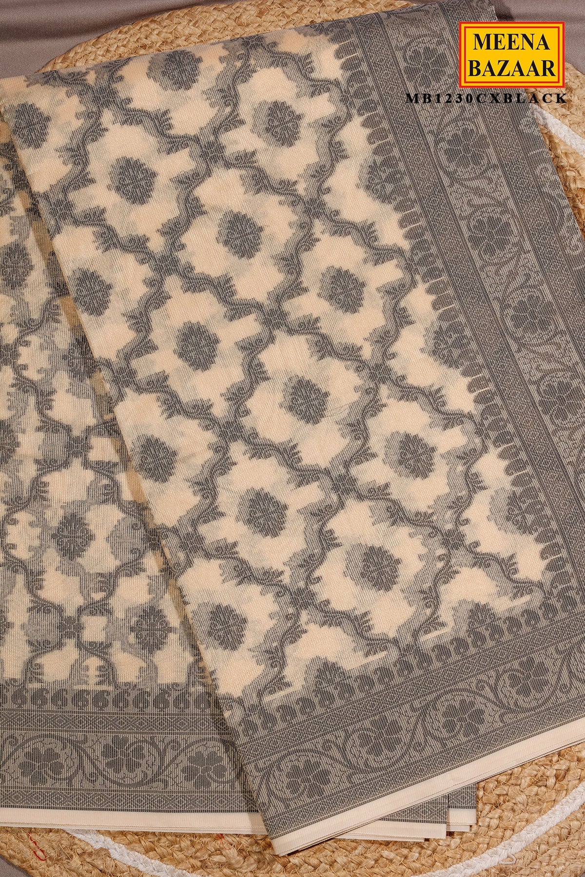 Cream With Black Jal Woven Cotton Saree
