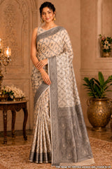 Cream With Black Jal Woven Cotton Saree