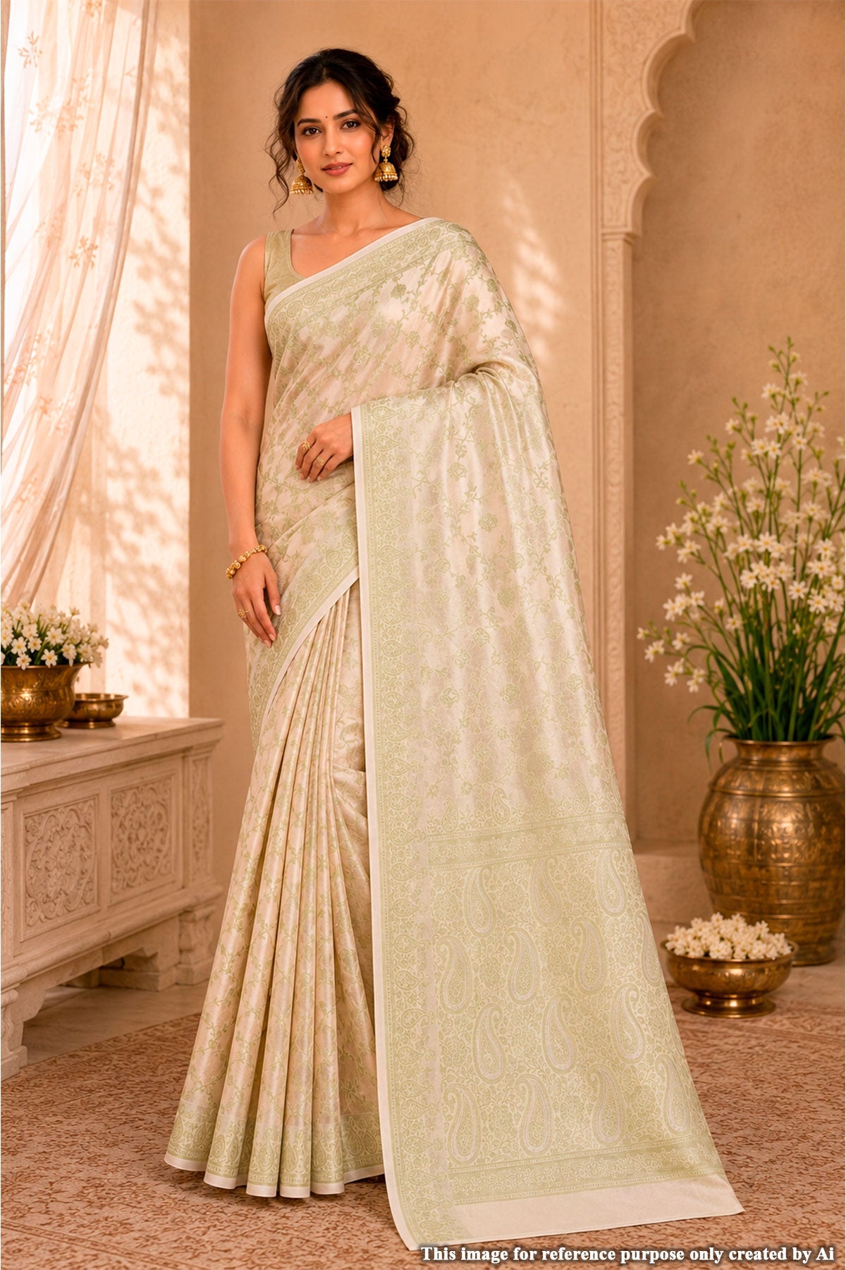 Cream With Mehandi Jal Woven Cotton Saree