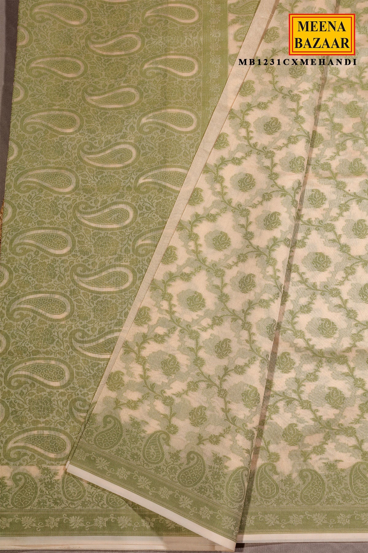 Cream With Mehandi Jal Woven Cotton Saree
