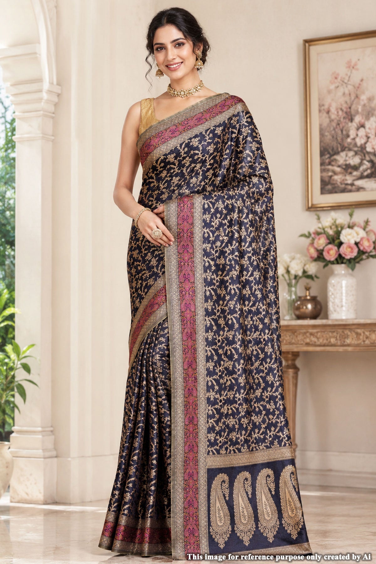 Navy Buti Woven Cotton Saree