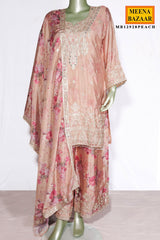 Peach Chinon Embroidered Suit for Women