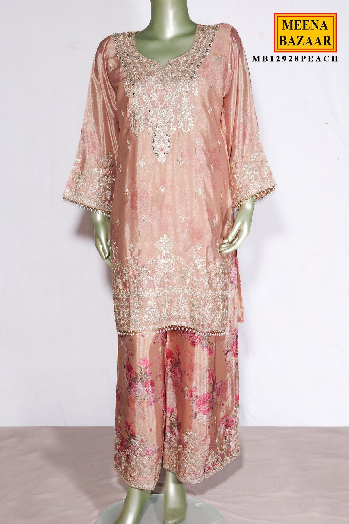 Peach Chinon Embroidered Suit for Women