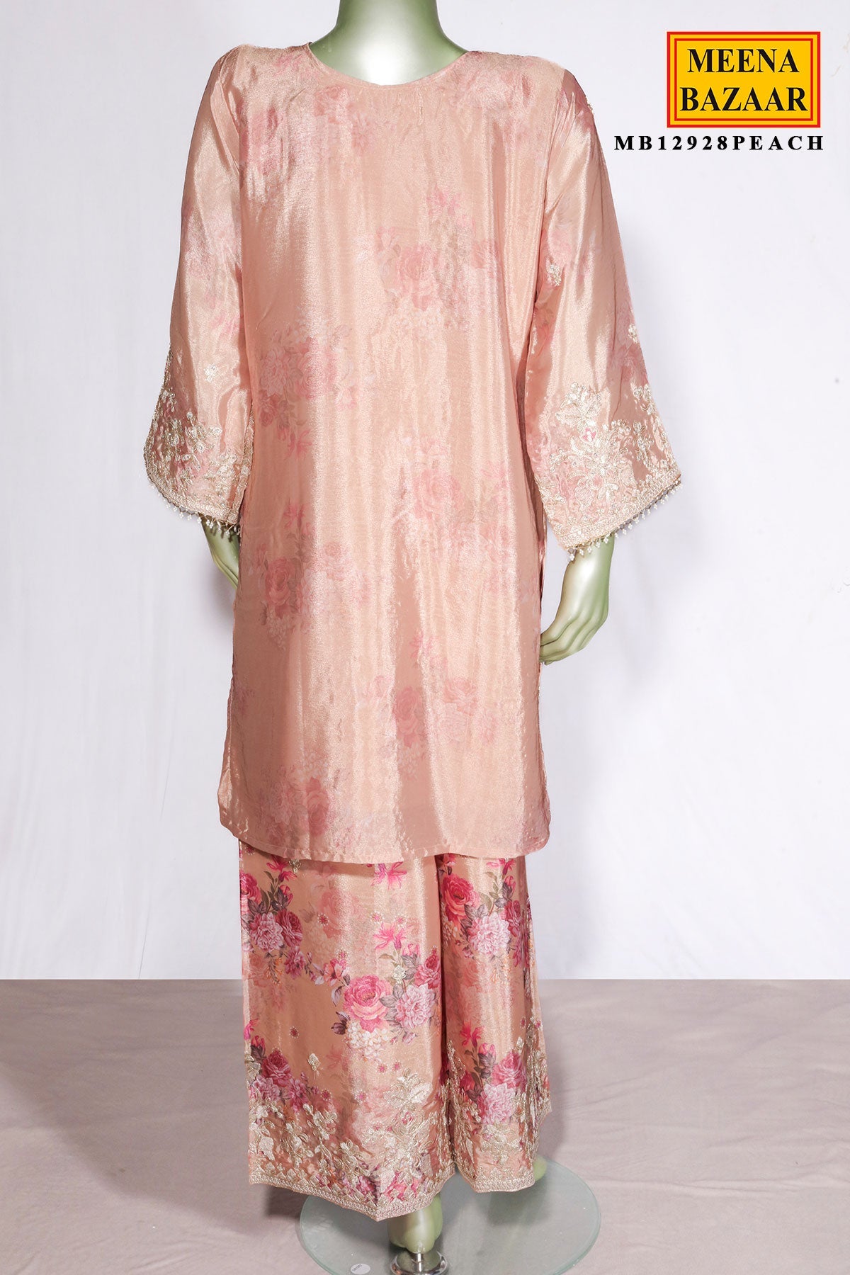 Peach Chinon Embroidered Suit for Women