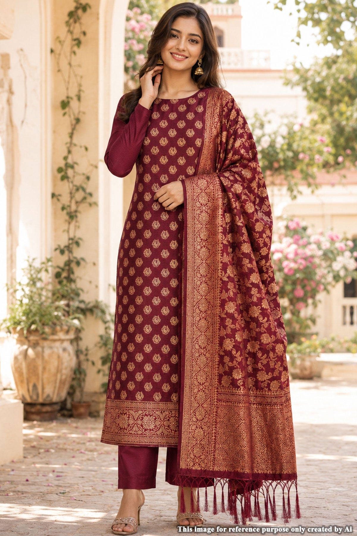 Maroon Chanderi Weaving Suit Set