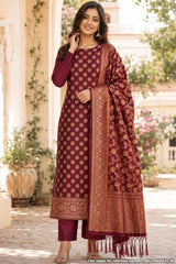 Maroon Chanderi Weaving Suit Set