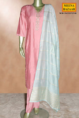 Pink Maslin Suit with Neck Embroidery