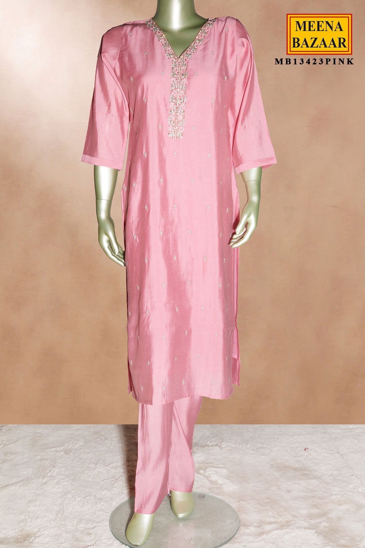Pink Maslin Suit with Neck Embroidery