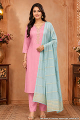 Pink Maslin Suit with Neck Embroidery