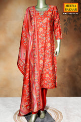 Rust Maslin Ready-Made Suit with Embroidered Neck