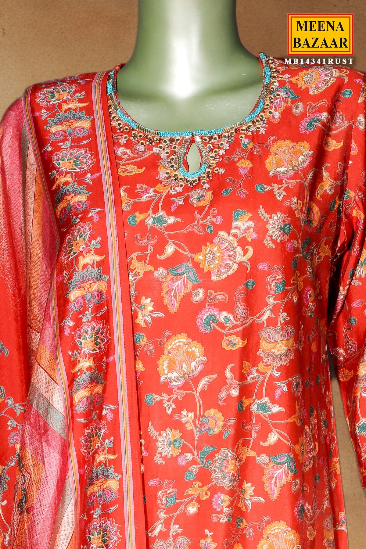 Rust Maslin Ready-Made Suit with Embroidered Neck