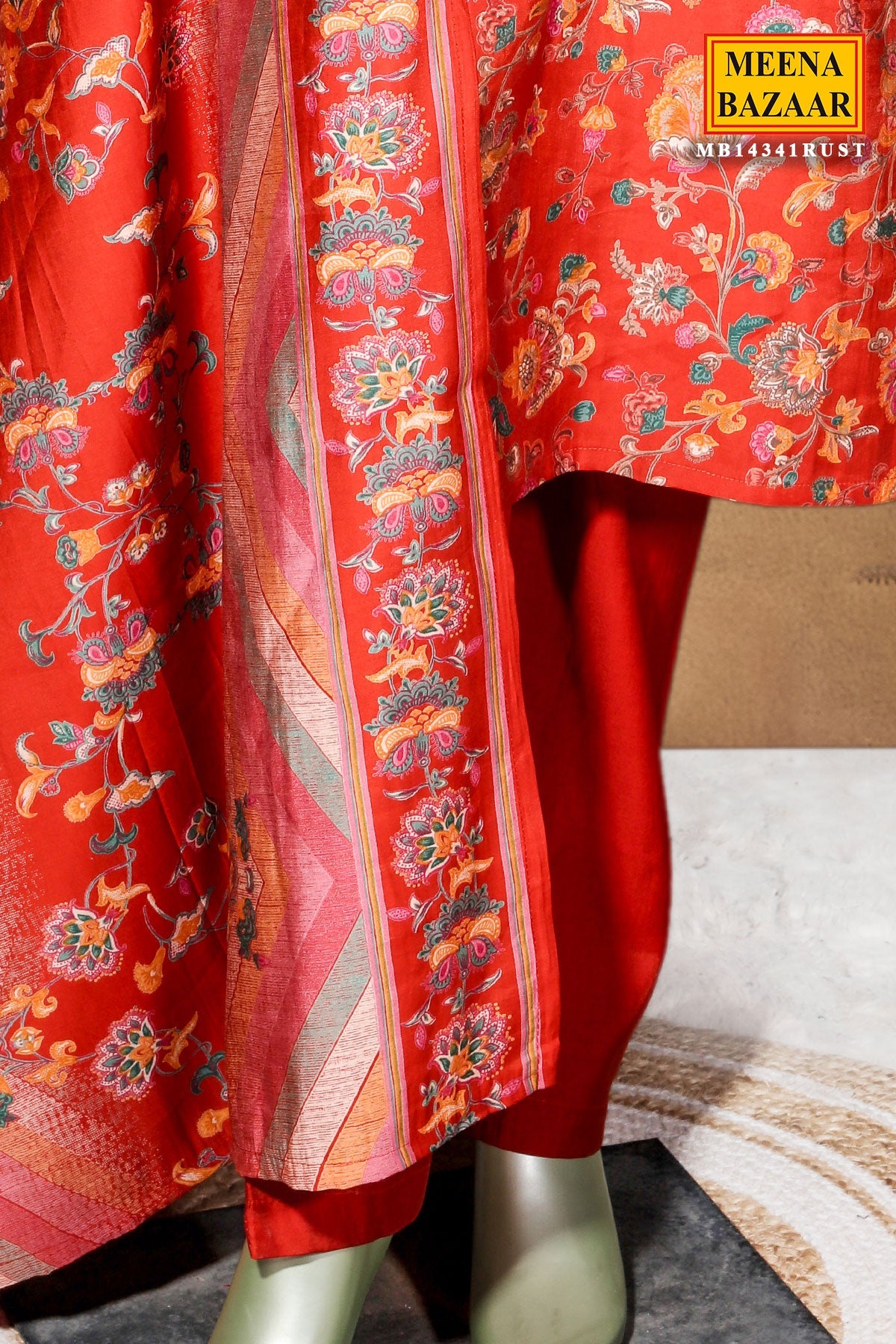 Rust Maslin Ready-Made Suit with Embroidered Neck