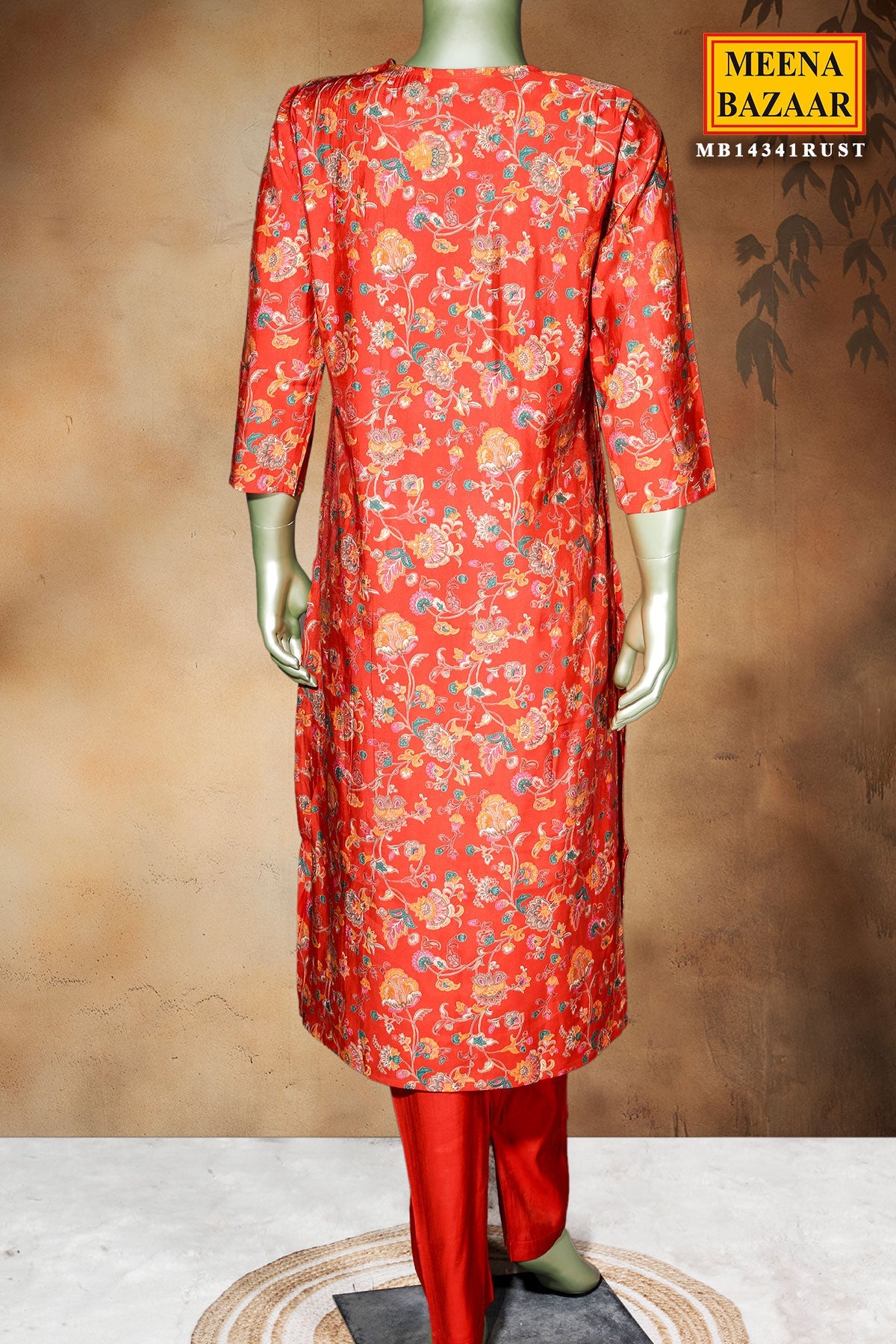 Rust Maslin Ready-Made Suit with Embroidered Neck