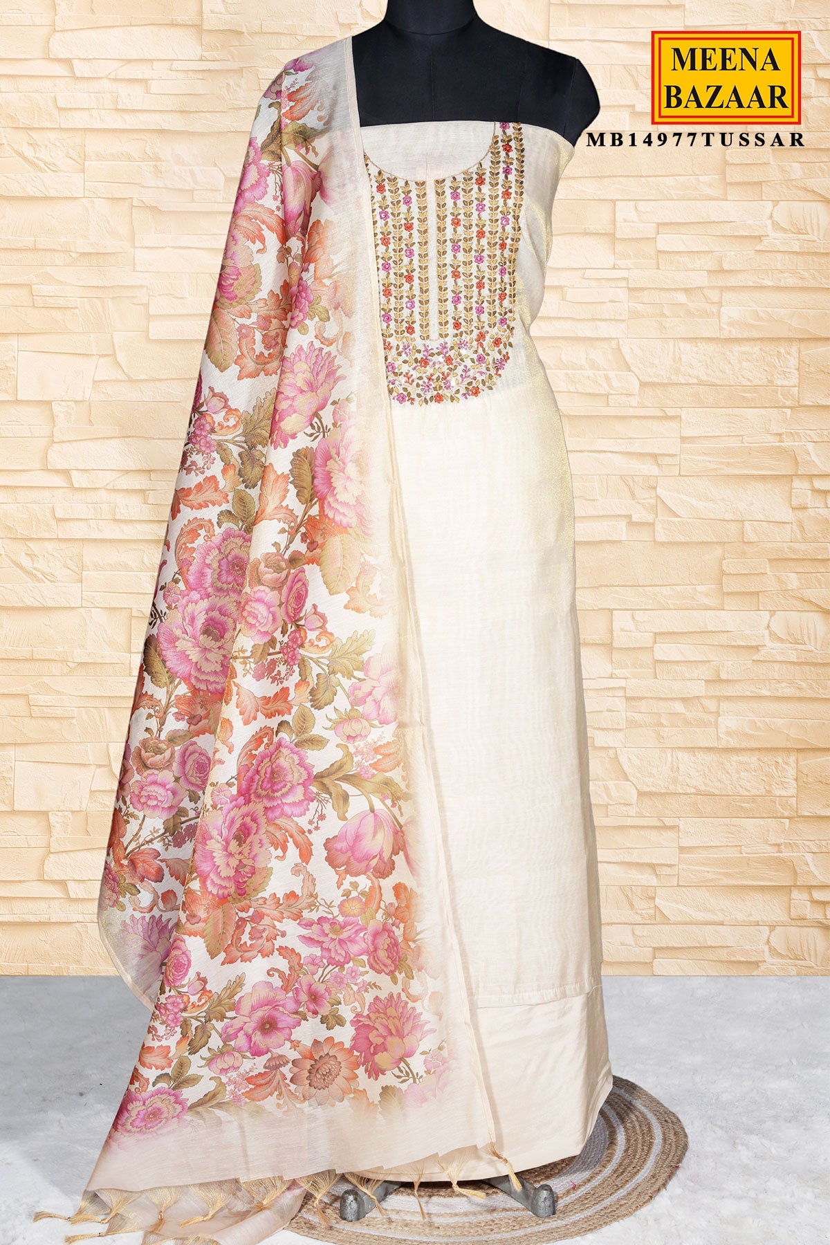 Tussar Embroidered Chanderi Unstitched Suit Set