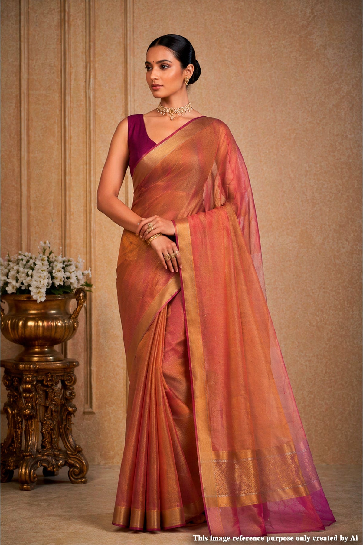 Rust Organza Weave Saree with Wine Accents