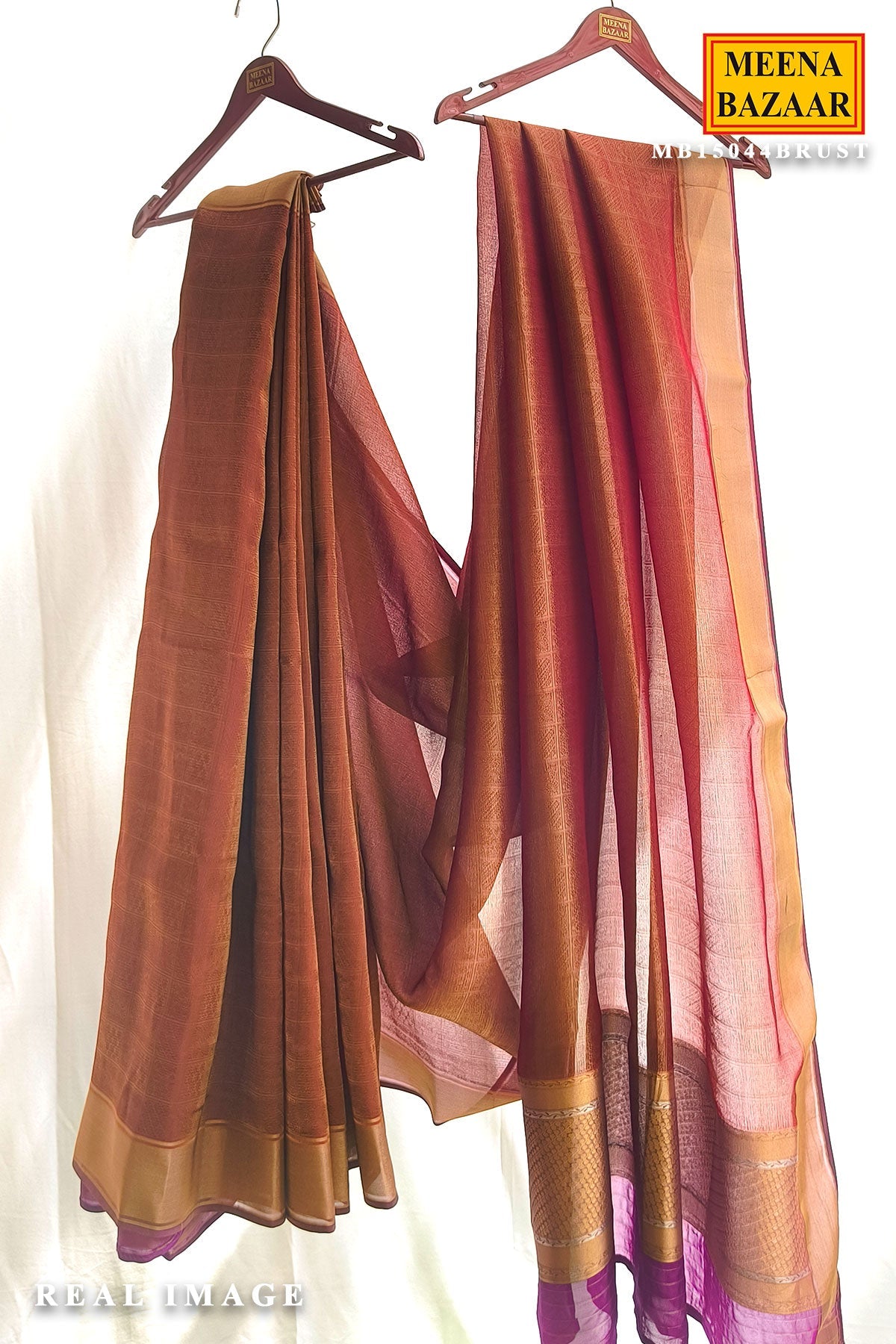 Rust Organza Weave Saree with Wine Accents