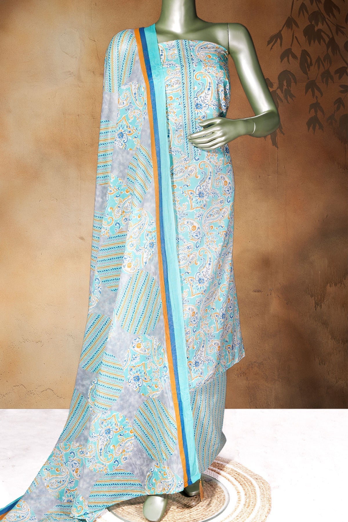 Firozi Cotton Unstitched Suit with Elegant Embroidery