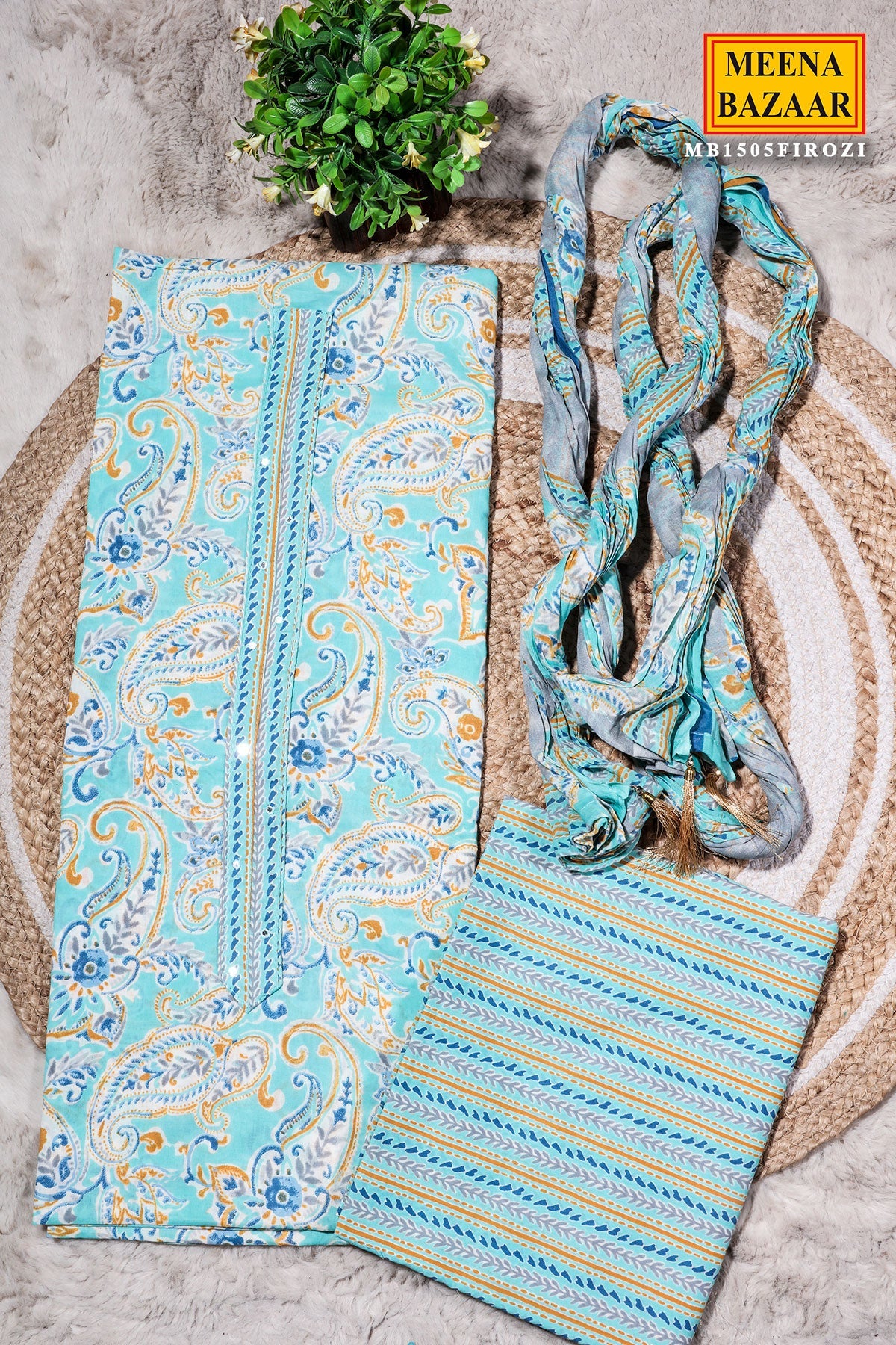 Firozi Cotton Unstitched Suit with Elegant Embroidery