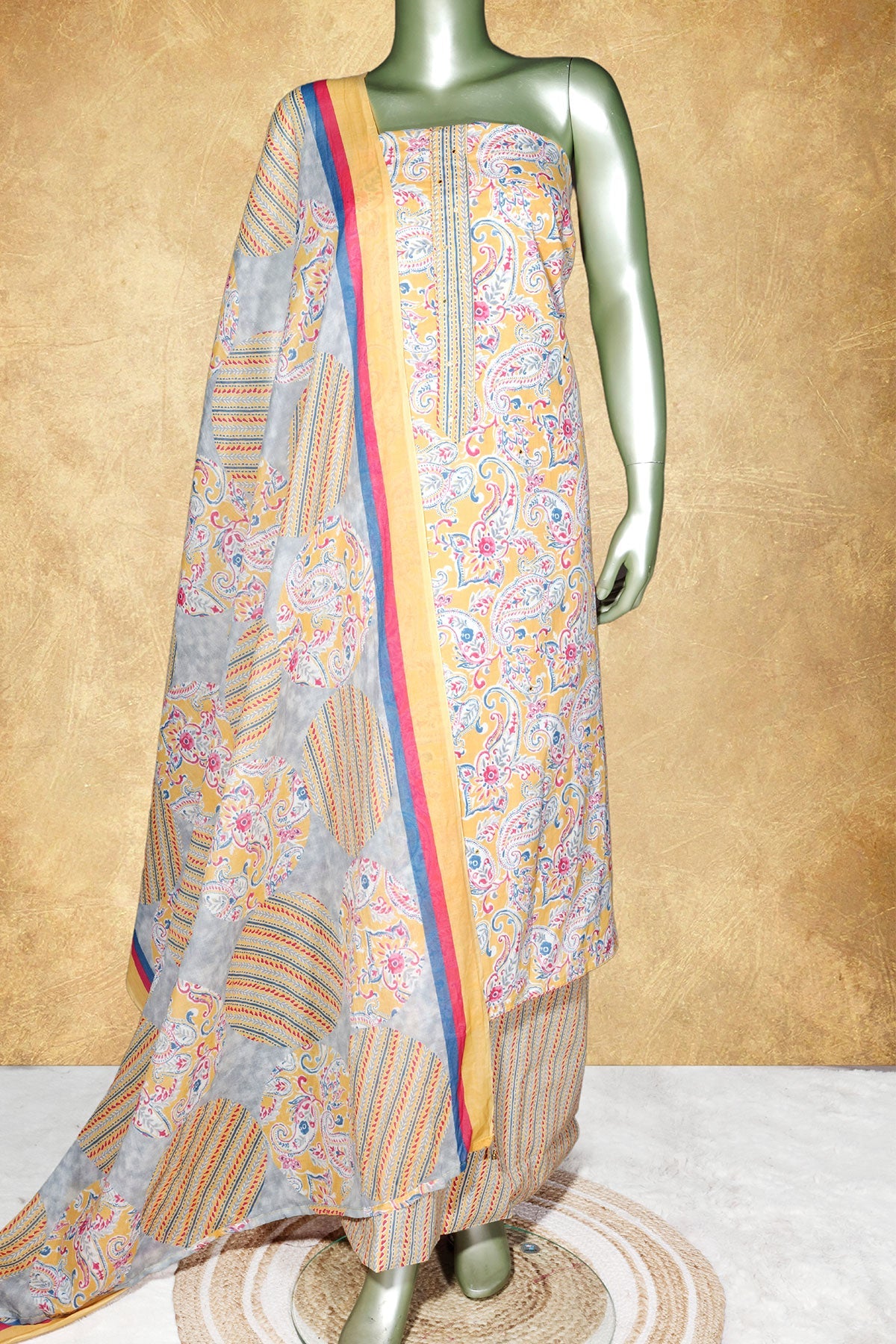 Mustard Cotton Embroidered Unstitched Suit