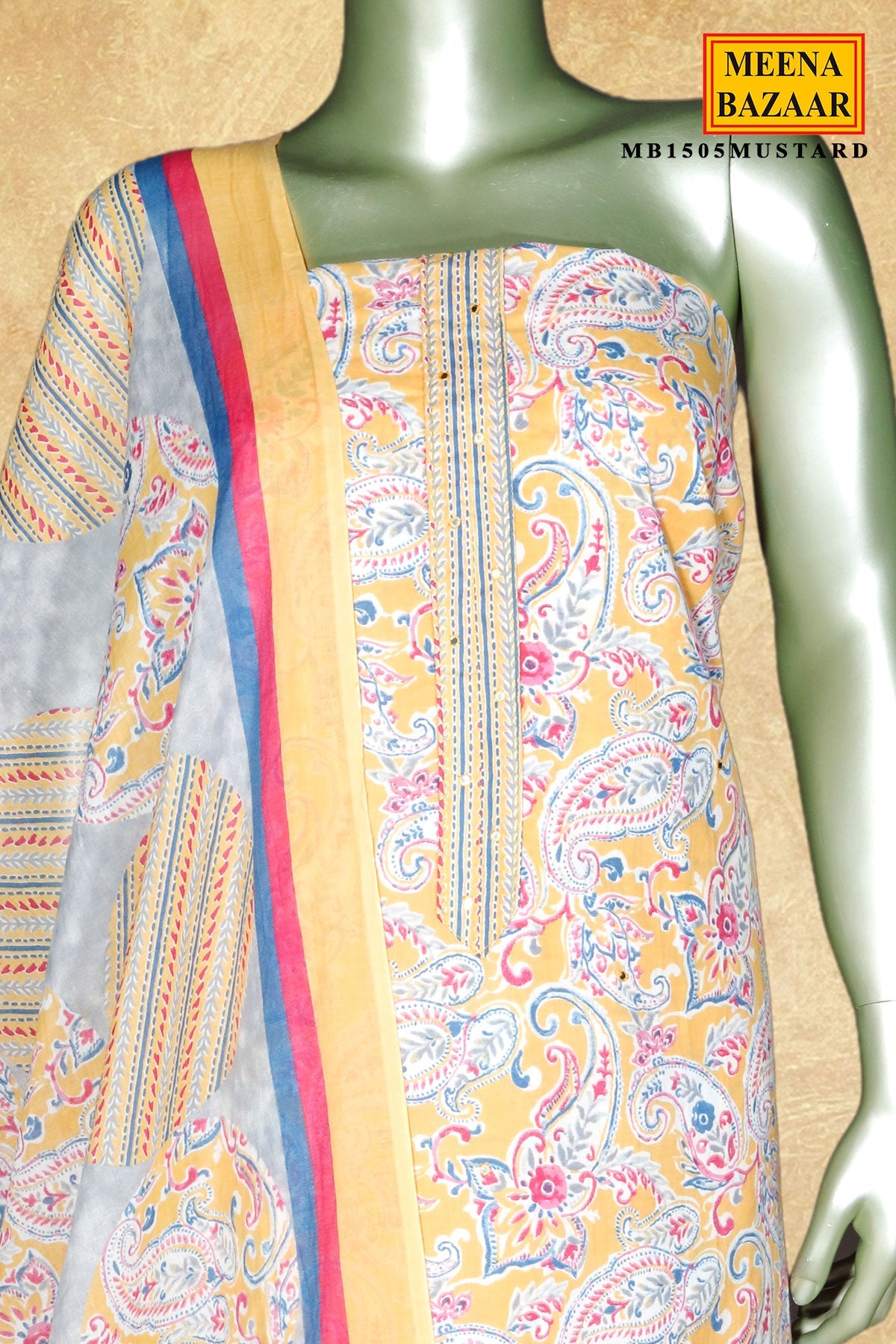 Mustard Cotton Embroidered Unstitched Suit