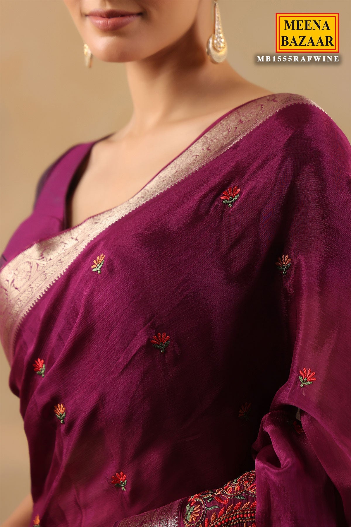 Wine Crepe Embroidered Saree Elegant Party & Festive Wear
