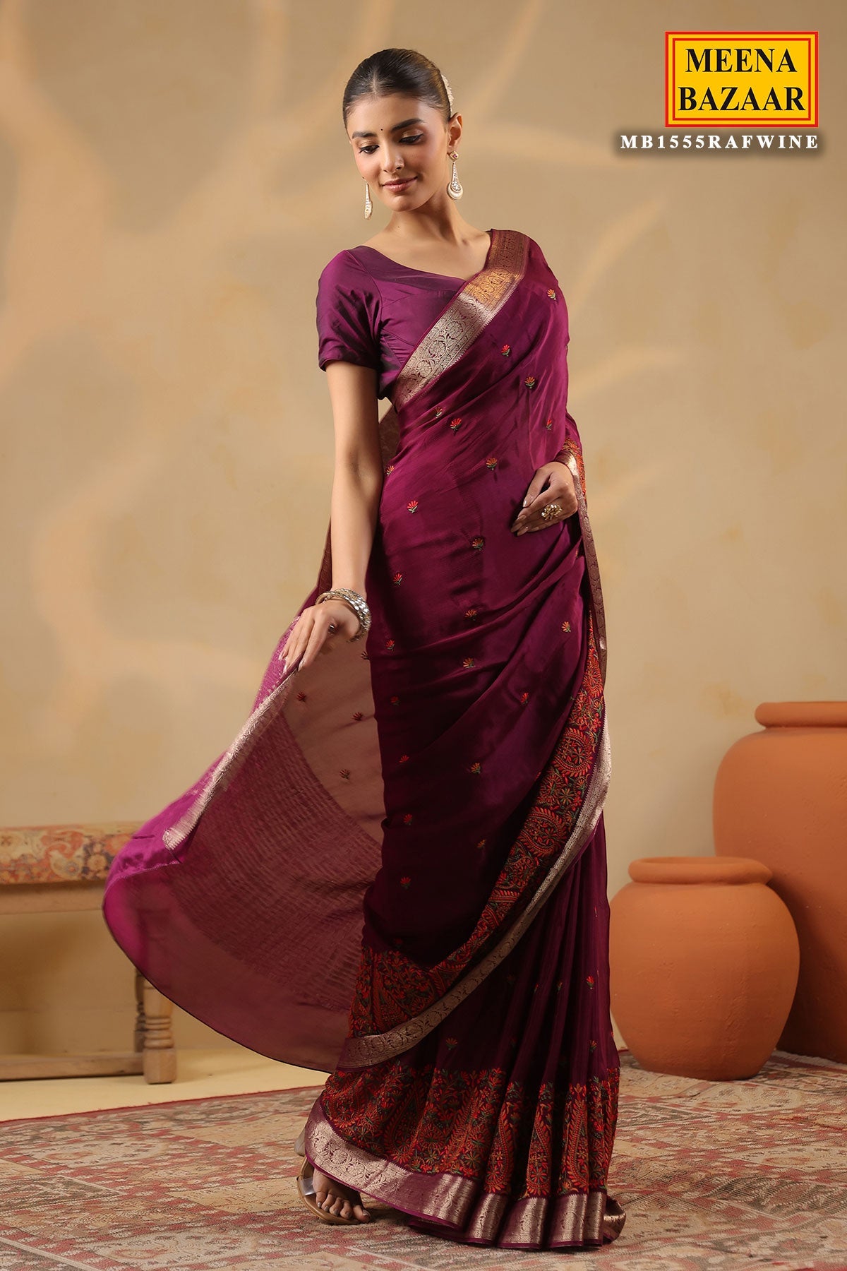 Wine Crepe Embroidered Saree Elegant Party & Festive Wear